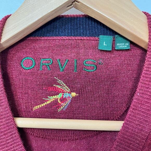 Orvis Mens V Neck Merino Wool Sweater Size L Burgundy Preppy Grandpa Layers - Picture 4 of 6